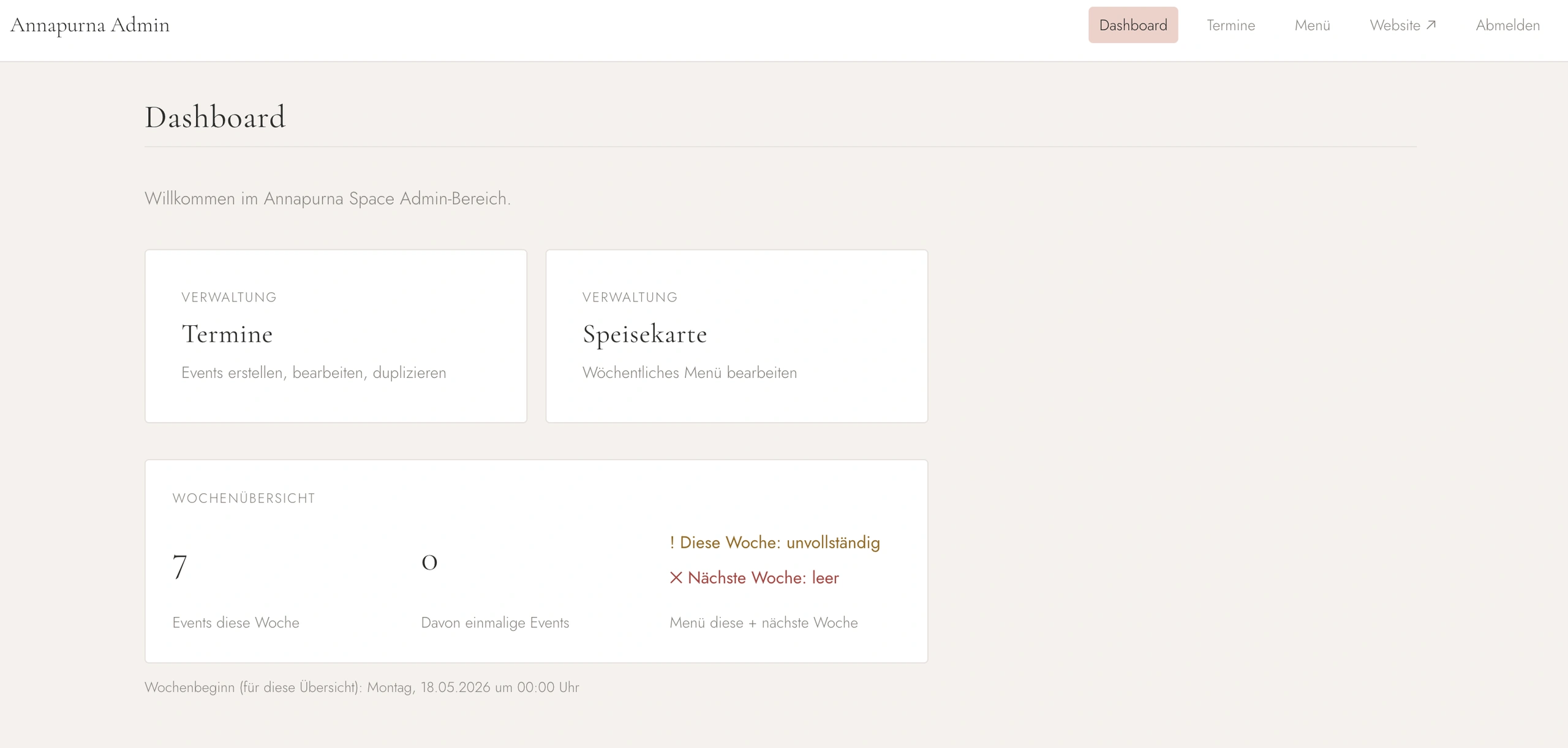 Annapurna Admin Dashboard mit Terminen, Speisekarte und Wochenübersicht