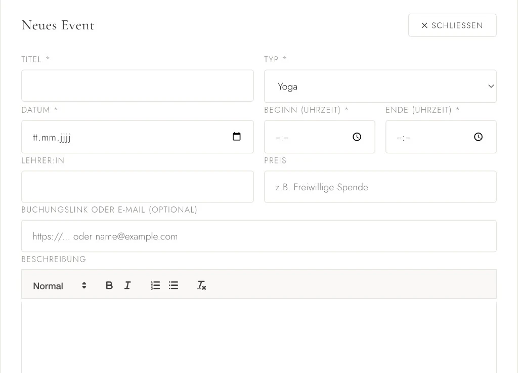 Neues Event – Formular im Annapurna Admin