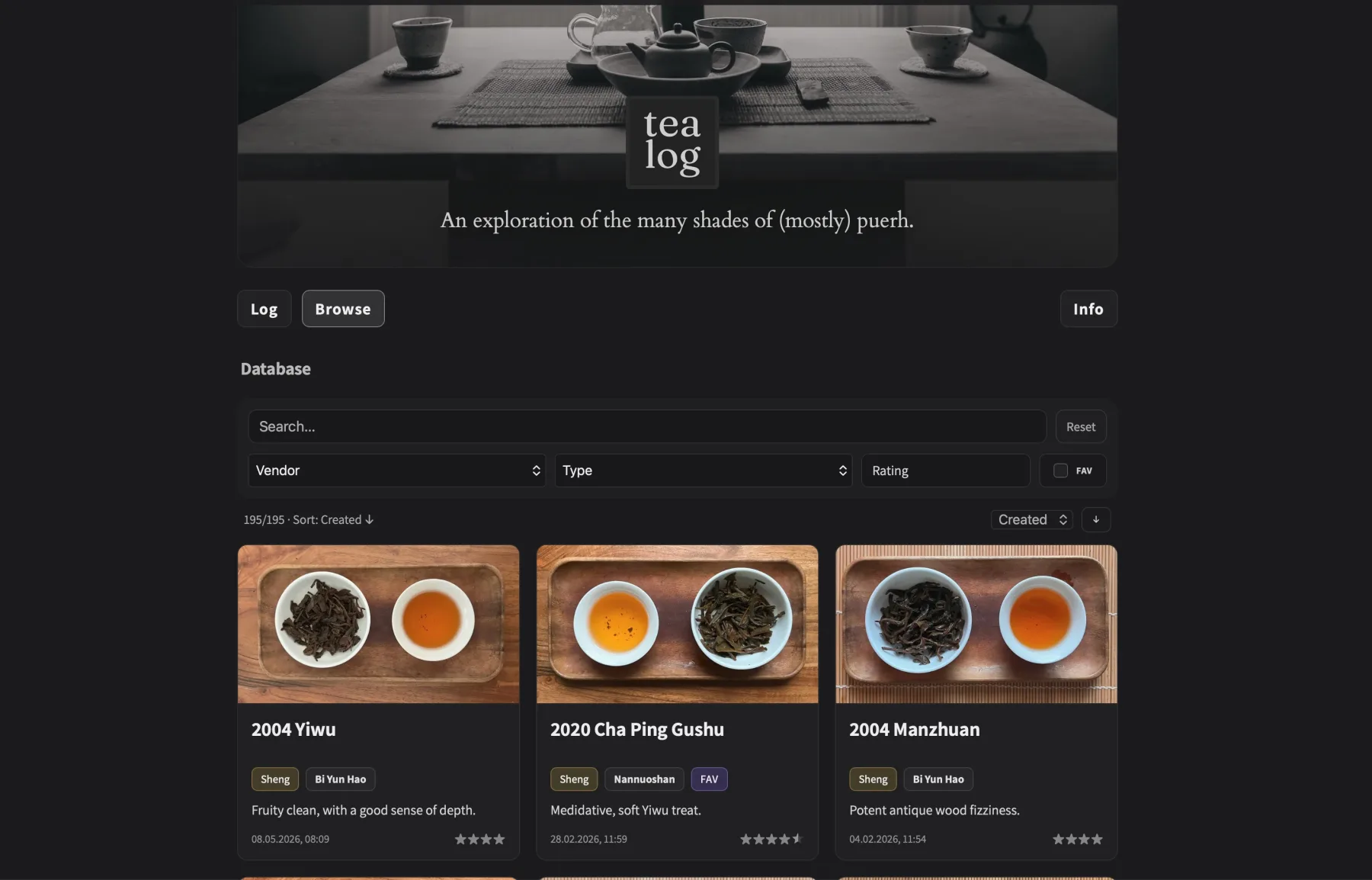 Tea Log – Browse-Ansicht mit Filtern und Teekarten