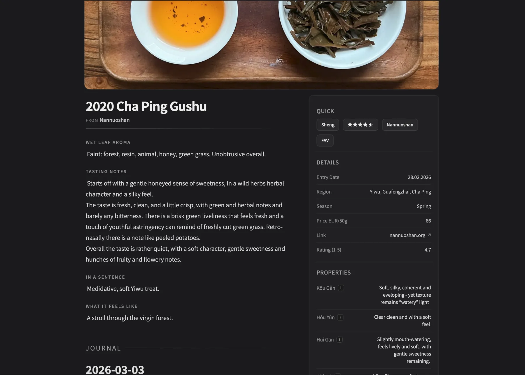 Tea Log – Detailseite mit Hero-Bild und Sidebar