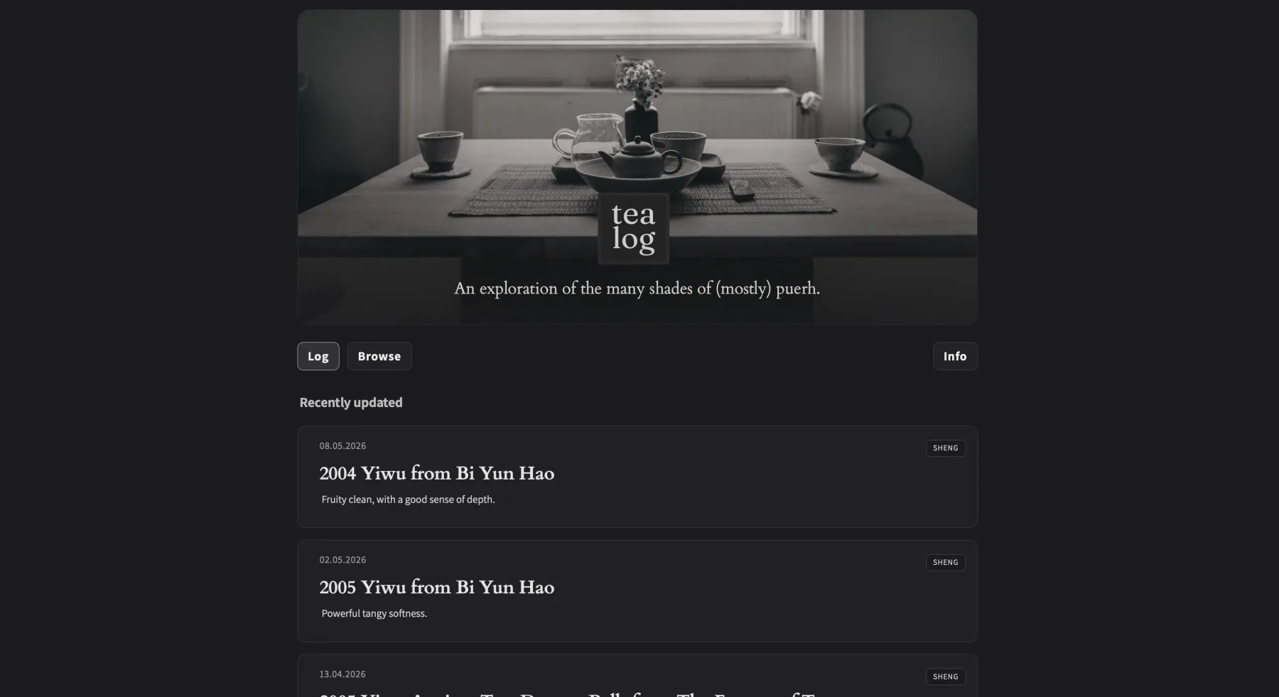 Tea Log – Log-Feed mit Browse-Umschaltung